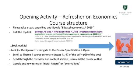 Opening Activity – Refresher on Economics Course structure