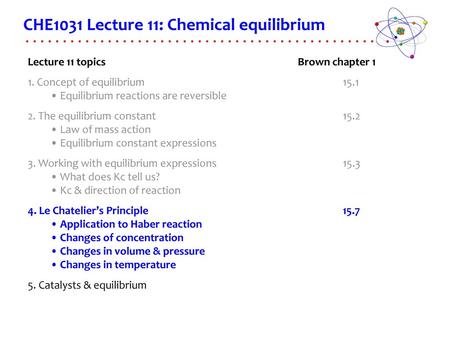 CHE1031 Lecture 11: Chemical equilibrium