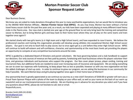 Morton Premier Soccer Club Sponsor Request Letter
