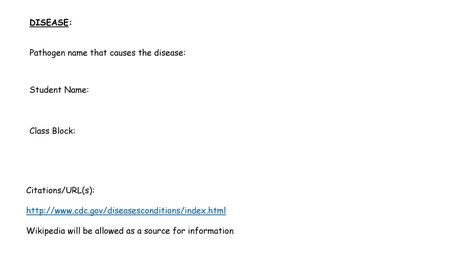 DISEASE: Pathogen name that causes the disease: Student Name: