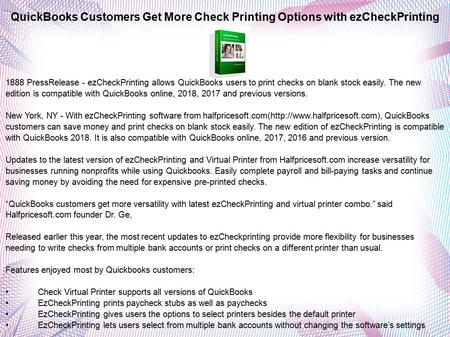 1888 PressRelease - QuickBooks Customers Get More Check Printing Options with ezCheckPrinting
