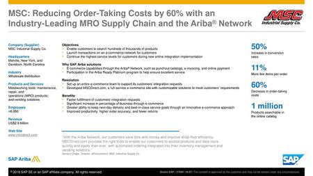 MSC: Reducing Order-Taking Costs by 60% with an Industry-Leading MRO Supply Chain and the Ariba® Network​ Company (Supplier) MSC Industrial Supply Co.