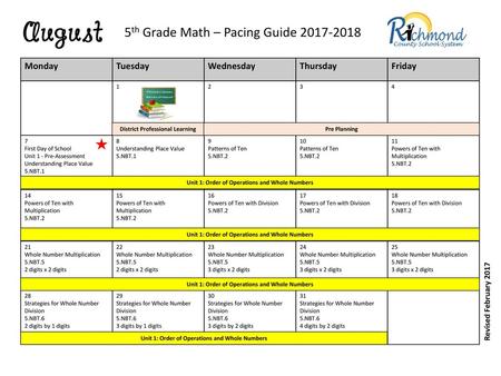 5th Grade Math – Pacing Guide