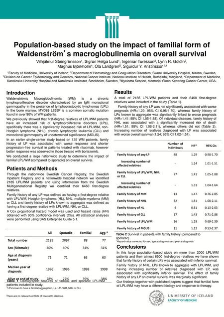 Population-based study on the impact of familial form of Waldenström’s macroglobulinemia on overall survival Vilhjálmur Steingrímsson1, Sigrún Helga.
