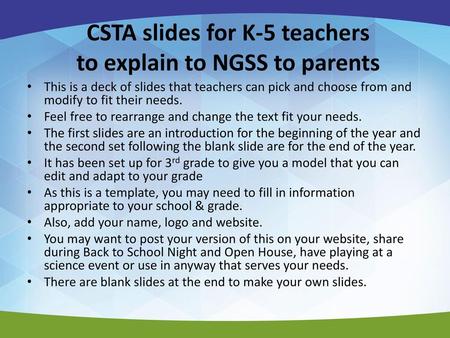 CSTA slides for K-5 teachers to explain to NGSS to parents