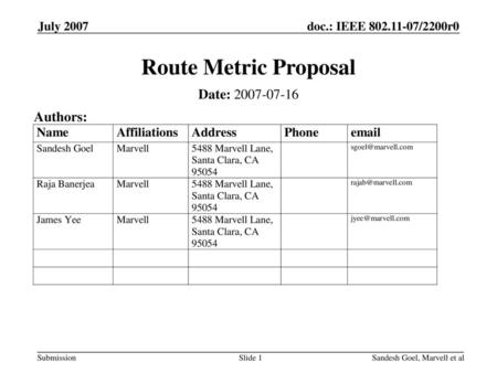 Route Metric Proposal Date: Authors: July 2007 Month Year