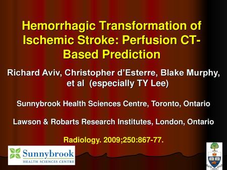 Hemorrhagic Transformation of Ischemic Stroke: Perfusion CT-Based Prediction Richard Aviv, Christopher d’Esterre, Blake Murphy, et al (especially TY Lee)
