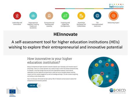 HEInnovate A self-assessment tool for higher education institutions (HEIs) wishing to explore their entrepreneurial and innovative potential.
