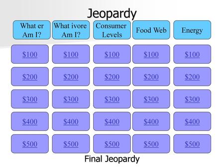 Jeopardy Final Jeopardy What er Am I? What ivore Am I? Consumer Levels