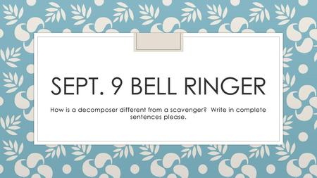 Sept. 9 Bell Ringer How is a decomposer different from a scavenger? Write in complete sentences please.