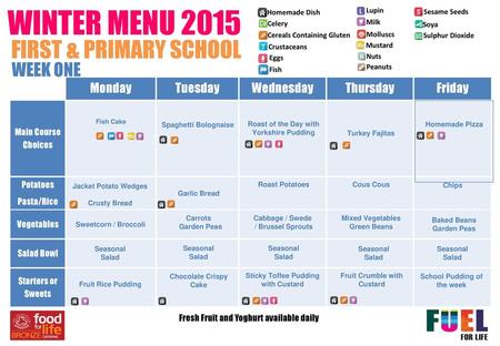 WINTER MENU 2015 FIRST & PRIMARY SCHOOL WEEK ONE Monday Tuesday