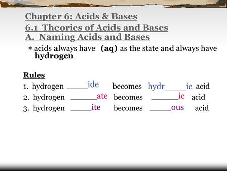 6.1 Theories of Acids and Bases A. Naming Acids and Bases