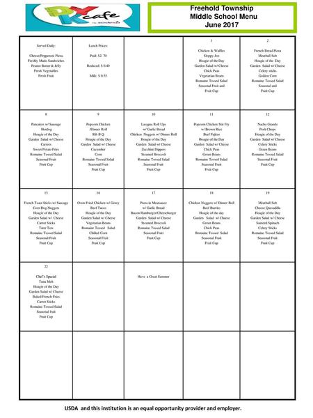 Freehold Township Middle School Menu June 2017