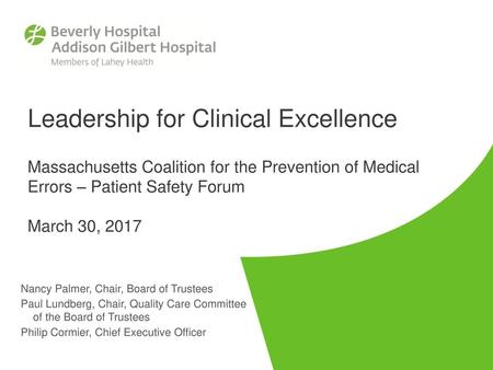 Leadership for Clinical Excellence Massachusetts Coalition for the Prevention of Medical Errors – Patient Safety Forum March 30, 2017 Nancy Palmer, Chair,