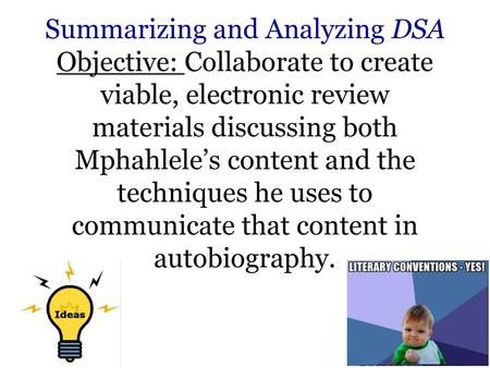 Summarizing and Analyzing DSA Objective: Collaborate to create viable, electronic review materials discussing both Mphahlele’s content and the techniques.