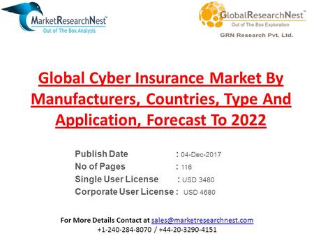 Global Cyber Insurance Market By Manufacturers, Countries, Type And Application, Forecast To 2022 Publish Date : 04-Dec-2017 No of Pages : 116 Single User.