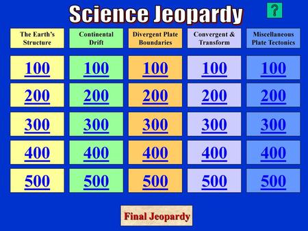 Science Jeopardy The Earth’s Structure Continental Drift