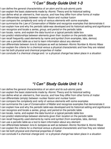 “I Can” Study Guide Unit 1-3