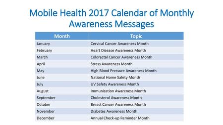 Mobile Health 2017 Calendar of Monthly Awareness Messages