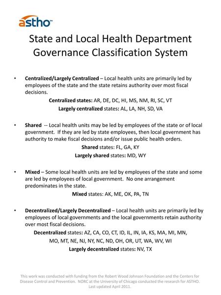 State and Local Health Department Governance Classification System