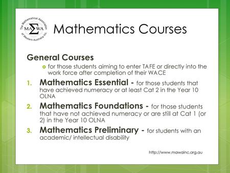 Mathematics Courses General Courses