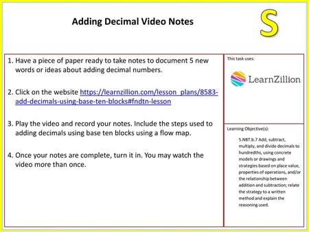 S Adding Decimal Video Notes