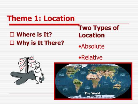 Theme 1: Location Two Types of Location Absolute Relative Where is It?