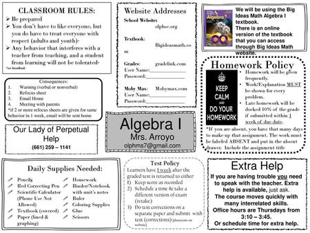 Algebra I Homework Policy Extra Help Mrs. Arroyo Website Addresses