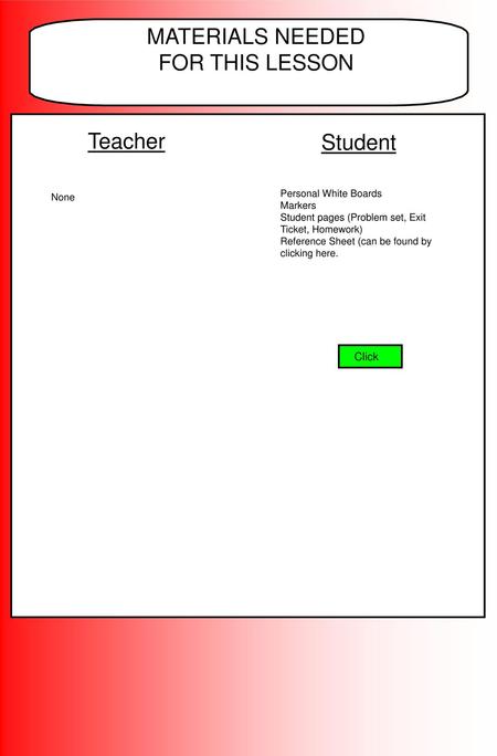 MATERIALS NEEDED FOR THIS LESSON Teacher Student Click
