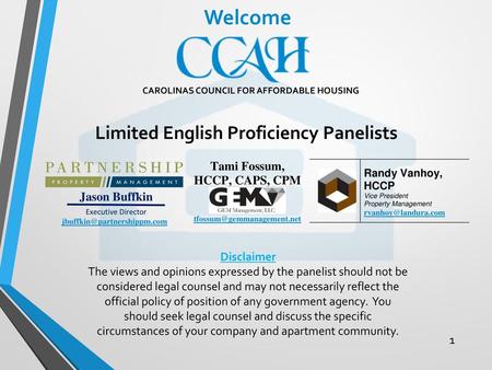 Welcome Limited English Proficiency Panelists Disclaimer