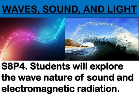 WAVES, SOUND, AND LIGHT S8P4. Students will explore the wave nature of sound and electromagnetic radiation.