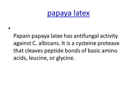 Papaya latex Papain papaya latex has antifungal activity against C. albicans. It is a cysteine protease that cleaves peptide bonds of basic amino acids,