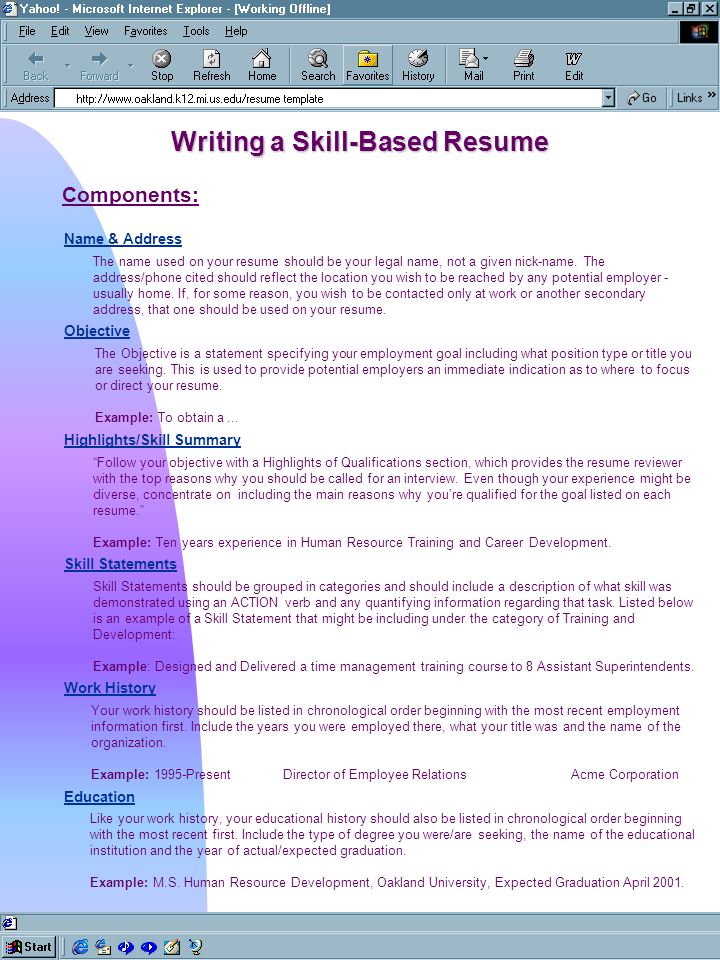 Writing a Skill-Based Resume Name & Address Objective Skill Statements Work  History Education Highlights/Skill Summary Components: The name used on  your. - ppt download