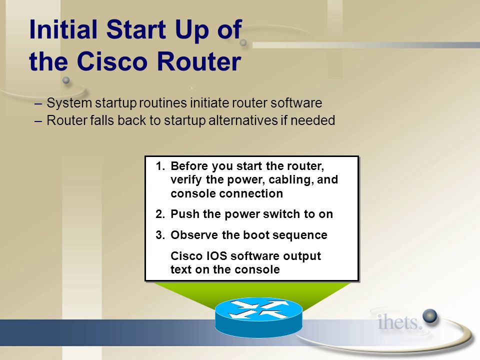 System startup routines initiate router software –Router falls back to  startup alternatives if needed Check hardware Find and load Cisco IOS  software. - ppt download