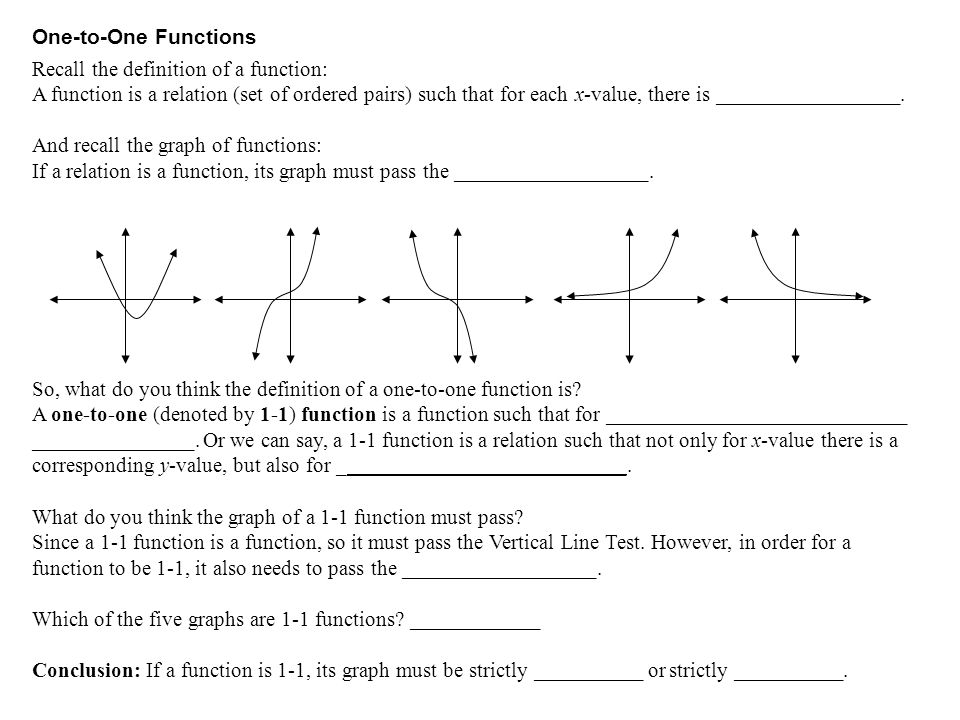 One To One Functions Recall The Definition Of A Function A Function Is A Relation Set Of Ordered Pairs Such That For Each X Value There Is Ppt Download