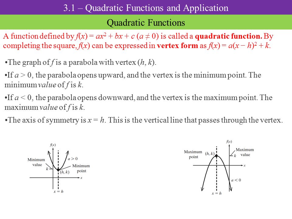 The Axis Of Symmetry Is X H This Is The Vertical Line That Passes Through The Vertex 3 1 Quadratic Functions And Application Quadratic Functions Ppt Download