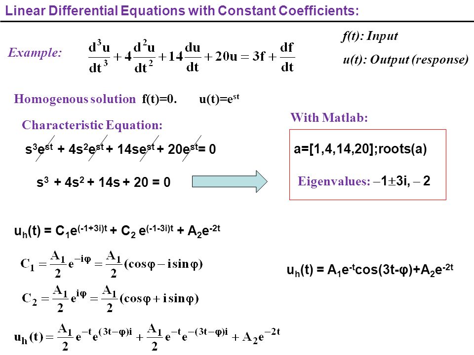 Linear Differential Equations With Constant Coefficients Example F T Input U T Output Response Characteristic Equation Homogenous Solution F T 0 Ppt Download