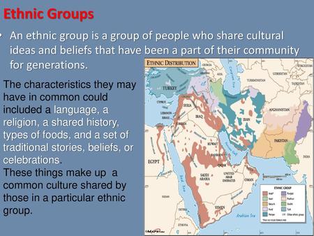 Ethnic Groups An ethnic group is a group of people who share cultural ideas and beliefs that have been a part of their community for generations. The characteristics.