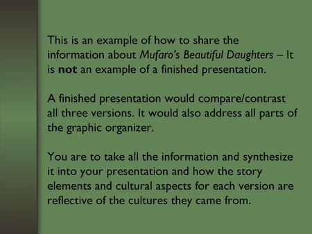 This is an example of how to share the information about Mufaro’s Beautiful Daughters – It is not an example of a finished presentation. A finished presentation.