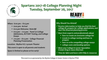Spartans College Planning Night Tuesday, September 26, 2017