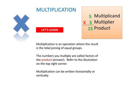 MULTIPLICATION 5 Multiplicand X 3 Multiplier 15 Product LET’S LEARN