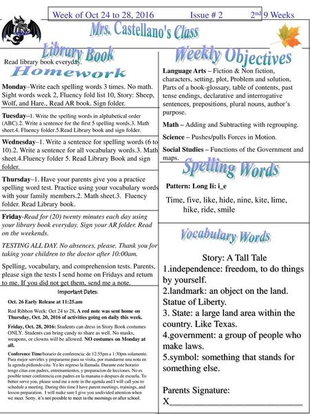 Library Book Weekly Objectives Homework Spelling Words