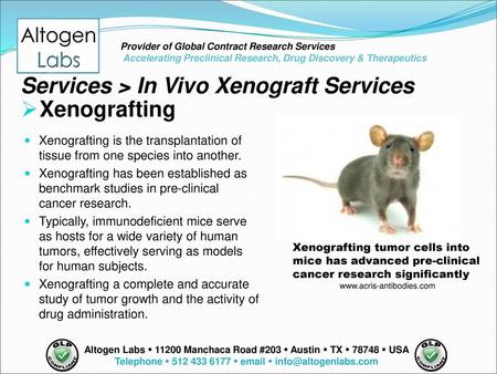 Telephone  512 433 6177  email  info@altogenlabs.com Provider of Global Contract Research Services Accelerating Preclinical Research, Drug Discovery.