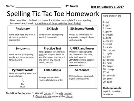Spelling Tic Tac Toe Homework