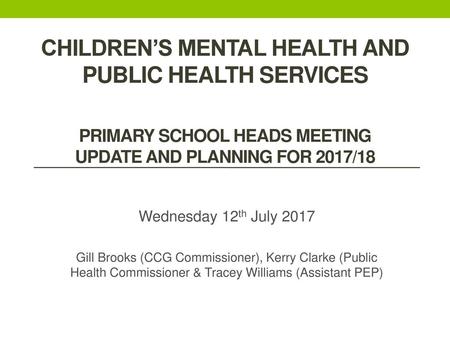 Children’s Mental Health and Public Health Services Primary School Heads Meeting Update and planning for 2017/18 Wednesday 12th July 2017 Gill Brooks.