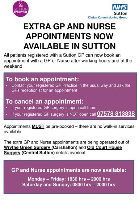 EXTRA GP AND NURSE APPOINTMENTS NOW AVAILABLE IN SUTTON