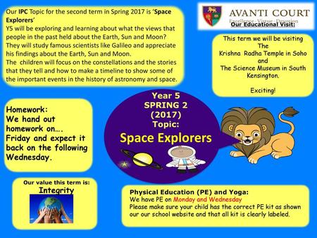 Space Explorers Year 5 SPRING 2 (2017) Homework: Topic: