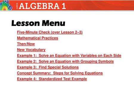 Five-Minute Check (over Lesson 2–3) Mathematical Practices Then/Now