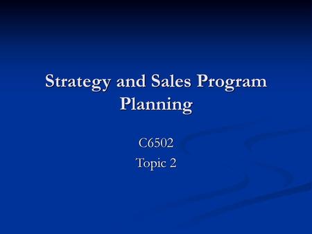 Strategy and Sales Program Planning
