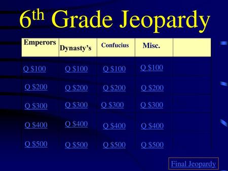 6th Grade Jeopardy Emperors Misc. Dynasty’s Q $100 Q $100 Q $100